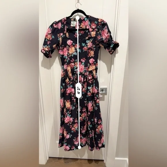 Laura Ashley prairie Floral black Dress with Pink and green Accents puff sleeve - Picture 10 of 13